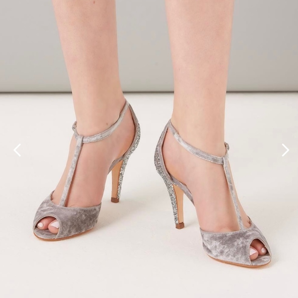 Rachel Simpson Olivia Shoe, Soft Grey Velvet with Sparkled Heel, Size 37